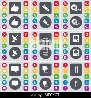 Hand, Rocket, DVD, Satellite dish, Laptop, Hard drive, Chat bubble, Copy, Fork and knife icon symbol. A large set of flat, colored buttons for your de Stock Vector