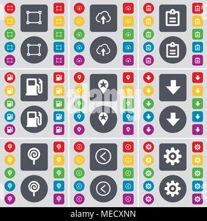 Frame, Cloud, Survey, Gas station, Checkpoint, Arrow down, Lollipop, Arrow left, Gear icon symbol. A large set of flat, colored buttons for your desig Stock Vector
