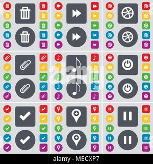 Trash can, Rewind, Ball, Clip, Note, Power, Tick, Checkpoint, Pause icon symbol. A large set of flat, colored buttons for your design. Vector illustra Stock Vector