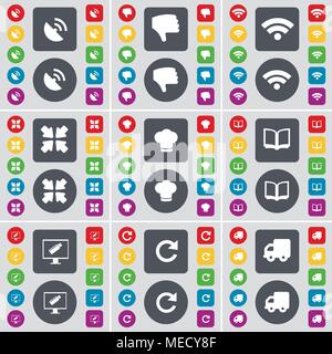 Satellite dish, Dislike, Wi-Fi, Deploying screen, Cooking hat, Book, Monitor, Reload, Truck icon symbol. A large set of flat, colored buttons for your Stock Vector