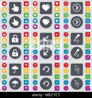 Hand, Heart, Arrow right, Lock, Deploying screen, Microphone, Umbrella, Reload, Connection icon symbol. A large set of flat, colored buttons for your  Stock Vector
