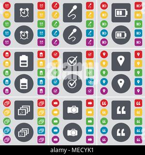 Alarm clock, Microphone, Battery, Tick, Checkpoint, Gallery, Camera, Quotation mark icon symbol. A large set of flat, colored buttons for your design. Stock Vector