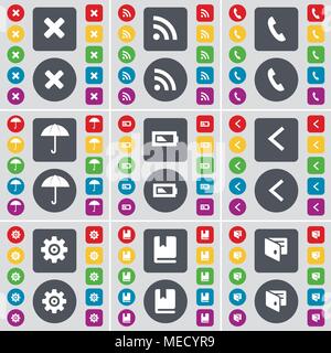 Stop, RSS, Receiver, Umbrella, Battery, Arrow left, Gear, Dictionary, Wallet icon symbol. A large set of flat, colored buttons for your design. Vector Stock Vector