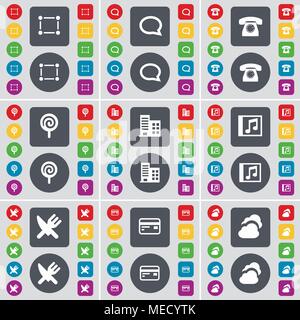 Frame, Chat bubble, Retro phone, Lollipop, Building, Music window, Fork and knife, Credit card, Cloud icon symbol. A large set of flat, colored button Stock Vector