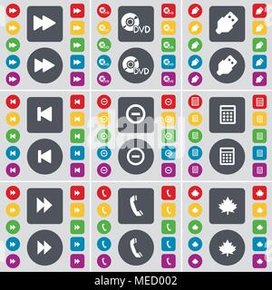Rewind, DVD, USB, Media skip, Minus, Calculator, Rewind, Receiver, Maple leaf icon symbol. A large set of flat, colored buttons for your design. Vecto Stock Vector