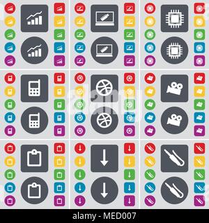 Graph, Laptop, Processor, Mobile phone, Ball, Film camera, Survey, Arrow down, Microphone connector icon symbol. A large set of flat, colored buttons  Stock Vector