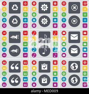 Recycling, Gear, Stop, Trumped, Note, Message, Question mark, Survey, Earth icon symbol. A large set of flat, colored buttons for your design. Vector  Stock Vector