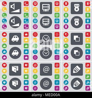 Volume, Server, Medal, Car, Arrow down, Copy, Wallet, Mail, Pencil icon symbol. A large set of flat, colored buttons for your design. Vector illustrat Stock Vector
