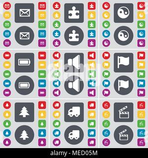 Message, Puzzle part, Yin-Yang, Battery, Sound, Flag, Firtree, Truck, Clapper icon symbol. A large set of flat, colored buttons for your design. Vecto Stock Vector