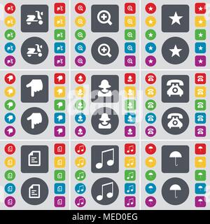 Scooter, Magnifying glass, Star, Hand, Avatar, Retro phone, Text file, Note, Umbrella icon symbol. A large set of flat, colored buttons for your desig Stock Vector