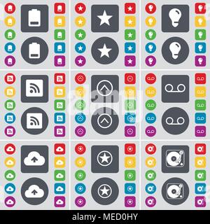 Battery, Star, Light bulb, RSS, Arrow up, Cassette, Cloud, Star, Gramophone icon symbol. A large set of flat, colored buttons for your design. Vector  Stock Vector