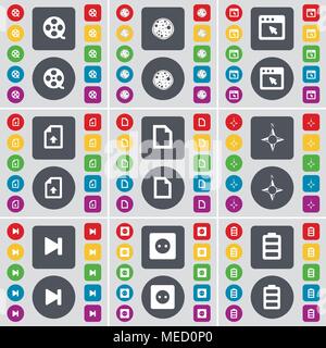 Videotape, Pizza, Window, Upload file, File, Compass, Media skip, Socket, Battery icon symbol. A large set of flat, colored buttons for your design. V Stock Vector