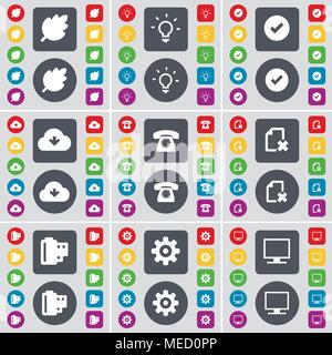 Leaf, Light bulb, Tick, Cloud, Retro phone, File, Negative films, Gear, Monitor icon symbol. A large set of flat, colored buttons for your design. Vec Stock Vector