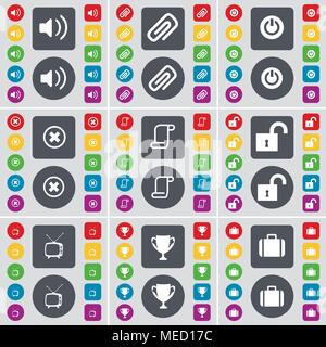 Sound, Clip, Power, Stop, Scroll, Lock, Retro TV, Cup, Suitcase icon symbol. A large set of flat, colored buttons for your design. Vector illustration Stock Vector