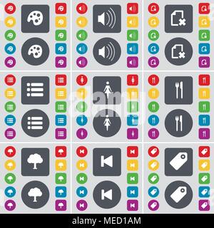Palette, Sound, File, List, Silhouette, Fork and knife, Tree, Media skip, Tag icon symbol. A large set of flat, colored buttons for your design. Vecto Stock Vector