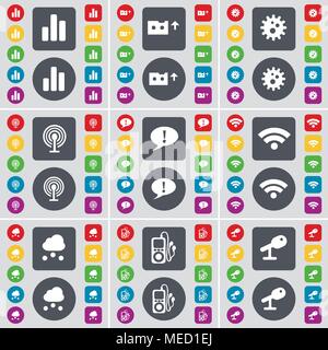 Diagram, Cassette, Gear, Wi-Fi, Chat bubble, Wi-Fi, Cloud, MP3 player, Microphone icon symbol. A large set of flat, colored buttons for your design. V Stock Vector
