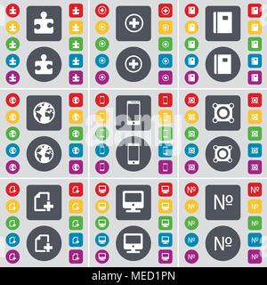 Puzzle part, Plus, Notebook, Earth, Smartphone, Speaker, File, Monitor, Number icon symbol. A large set of flat, colored buttons for your design. Vect Stock Vector
