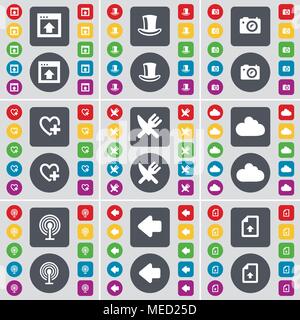 Window, Silk hat, Camera, Heart, Fork and knife, Cloud, Wi-Fi, Arrow left, Upload file icon symbol. A large set of flat, colored buttons for your desi Stock Vector