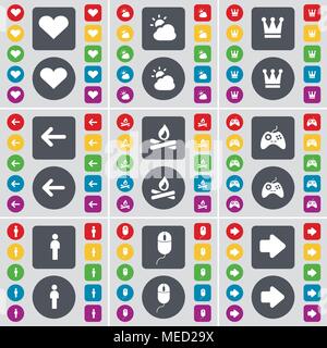 Heart, Cloud, Crown, Arrow left, Campfire, Gamepad, Silhouette, Mouse, Arrow right icon symbol. A large set of flat, colored buttons for your design.  Stock Vector