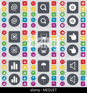 Mail, Magnifying glass, Disk, Stop, Monitor, Hand, Diagram, Umbrella, Sound icon symbol. A large set of flat, colored buttons for your design. Vector  Stock Vector