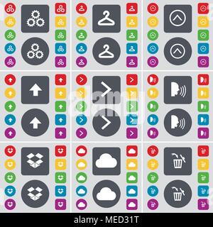Gear, Hanger, Arrow up, Arrow right, Talk, Dropbox, Cloud, Trash can icon symbol. A large set of flat, colored buttons for your design. Vector illustr Stock Vector