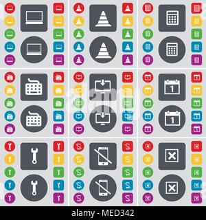 Laptop, Cone, Calculator, Keyboard, Monitor, Calculator, Wrench, Smartphone, Stop icon symbol. A large set of flat, colored buttons for your design. V Stock Vector