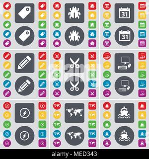 Tag, Bug, Calendar, Pencil, Scissors, PC, Flash, Globe, Ship icon symbol. A large set of flat, colored buttons for your design. Vector illustration Stock Vector