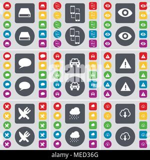 Hard drive, Connection, Vision, Chat bubble, Car, Warning, Fork and knife, Cloud icon symbol. A large set of flat, colored buttons for your design. Ve Stock Vector