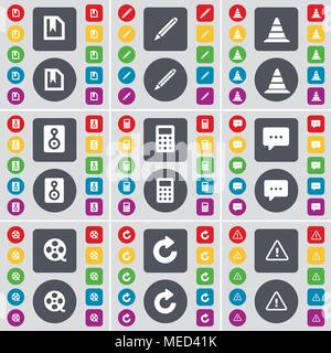 File, Pencil, Cone, Speaker, Calculator, Chat, Videotape, Reload, Warning icon symbol. A large set of flat, colored buttons for your design. Vector il Stock Vector