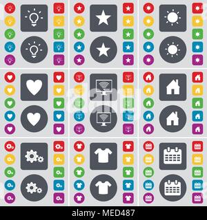 Light bulb, Star, Light bulb, Heart, Monitor, House, Gear, T-Shirt, Calendar icon symbol. A large set of flat, colored buttons for your design. Vector Stock Vector