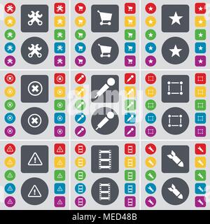 Wrench, Shopping cart, Star, Stop, Microphone, Frame, Warning, Negative films, Rocket icon symbol. A large set of flat, colored buttons for your desig Stock Vector