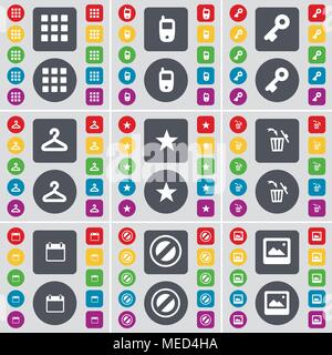 Apps, Mobile phone, Key, Hanger, Star, Trash can, Calendar, Stop, Picture icon symbol. A large set of flat, colored buttons for your design. Vector il Stock Vector