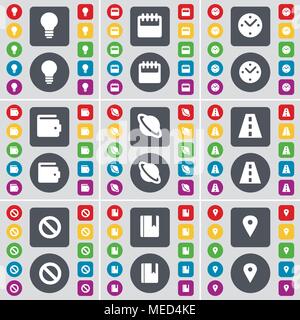 Light bulb, Calendar, Clock, Wallet, Planet, Road, Stop, Dictionary, Checkpoint icon symbol. A large set of flat, colored buttons for your design. Vec Stock Vector