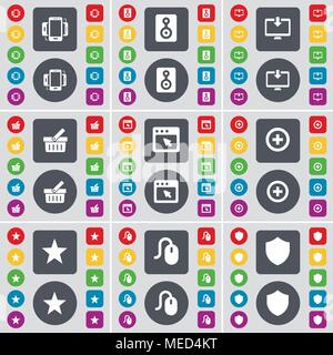 Smartphone, Speaker, Monitor, Basket, Window, Plus, Star, Mouse, Badge icon symbol. A large set of flat, colored buttons for your design. Vector illus Stock Vector