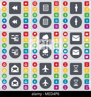 Rewind, Calculator, Silhouette, Helicopter, Cloud, Message, Airplane, Hourglass icon symbol. A large set of flat, colored buttons for your design. Vec Stock Vector