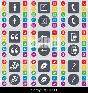 Silhouette, Arrow left, Receiver, Quoting mark, SMS, Speaker, Ink pen, Question mark icon symbol. A large set of flat, colored buttons for your design Stock Vector