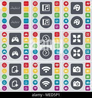 Notes, Music window, Palette, Gamepad, Arrow right, Full screen, File, Wi-Fi, Camera icon symbol. A large set of flat, colored buttons for your design Stock Vector
