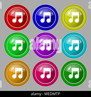 Music note icon sign. symbol on nine round colourful buttons. Vector illustration Stock Vector