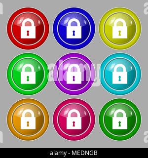 closed lock icon sign. symbol on nine round colourful buttons. Vector illustration Stock Vector