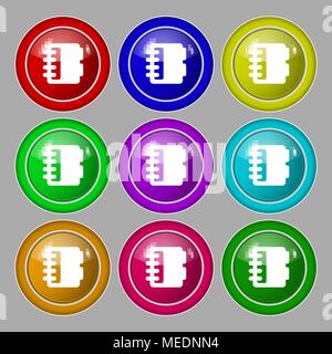 Notepad, calendar icon sign. symbol on nine round colourful buttons. Vector illustration Stock Vector