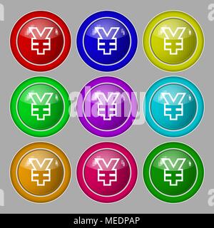 Yen JPY icon sign. symbol on nine round colourful buttons. Vector illustration Stock Vector