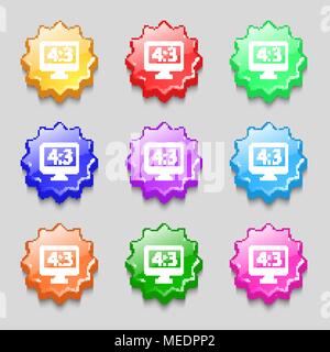 Aspect ratio 4 3 widescreen tv icon sign. symbol on nine wavy colourful buttons. Vector illustration Stock Vector