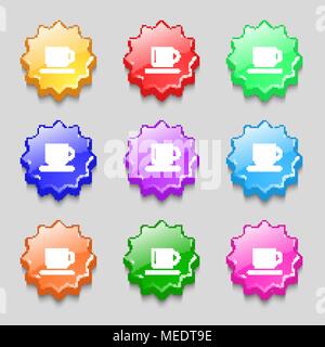 Coffee cup icon sign. symbol on nine wavy colourful buttons. Vector illustration Stock Vector