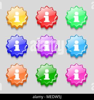 Information, Info icon sign. symbol on nine wavy colourful buttons. Vector illustration Stock Vector