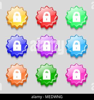 closed lock icon sign. symbol on nine wavy colourful buttons. Vector illustration Stock Vector