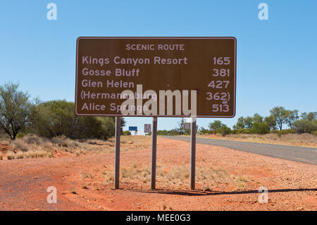 Road sign next to Luritja Road for scenic route to Kings Canyon Resort. Northern Territory Stock Photo