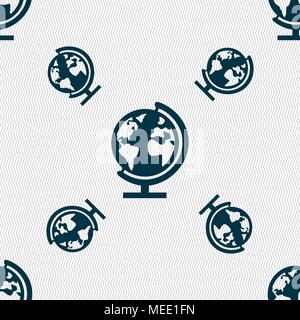 Globe sign icon. World map geography symbol. Globes on stand for studying. Seamless pattern with geometric texture. Vector illustration Stock Vector