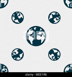 Globe sign icon. World map geography symbol. Globes on stand for studying. Seamless pattern with geometric texture. Vector illustration Stock Vector