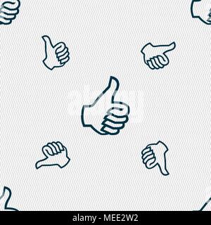 Like sign icon. Thumb up sign. Hand finger up. Seamless pattern with geometric texture. Vector illustration Stock Vector