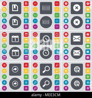 File, Equalizer, Stop, Calendar, Compass, Message, Back, Magnifying glass, Web with cursor icon symbol. A large set of flat, colored buttons for your  Stock Vector